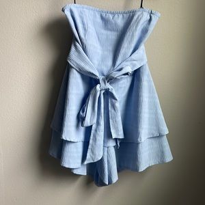 Light blue strapless romper (appears as dress when worn).